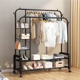 krishyam ® Premium Heavy Double Rod Garment Rack with Side Storage Shelves &Wheels Carbon Steel Collapsible Wardrobe-picture-28
