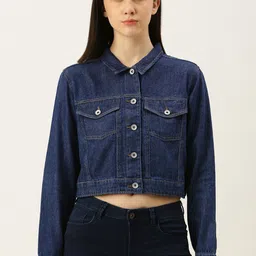 Flying Machine Women Blue Washed Crop Pure Cotton Denim Trucker-picture-17