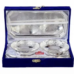 giftcity German Silver Brass Lotus Bowl Set with Tray and Spoon with (Pack of 5, Silver) Bowl, Spoon, Tray Serving Set-picture-27