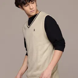 roadster Men Solid V Neck Beige Sweater image 5