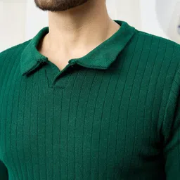 kvetoo Men Self Design Collared Neck Dark Green Sweater image 4