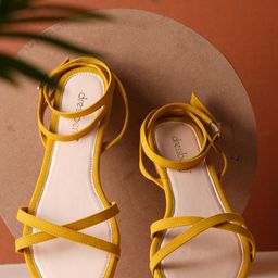 DressBerry Mustard Yellow Strappy Open Toe Flats-picture-0