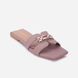 DressBerry Peach Coloured Textured Buckle Detailed Open Toe Flats image 3
