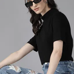 roadster Women Solid High Neck Pure Cotton Black T-Shirt-picture-25