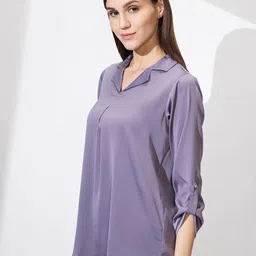 globus Formal Roll Up Sleeves Solid Women Purple Top image 3