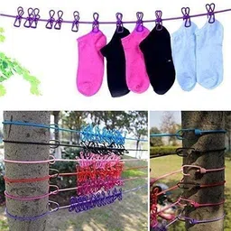 haris Cloth Drying Rope with Hook | Elastic Hanging Rope for Cloth Drying with 12Clips Stainless Steel Cloth Clips image 3