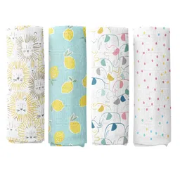 haus & kinder Infants Set of 4 Printed Pure Cotton Soft Muslin Swaddles & Wrappers-picture-35