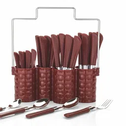 Brown Cutlery Set-Spoon Set-Spoon Stand - 25-Pieces Steel & Plastic Cutlery Set Plastic, Steel Cutlery Set-image-1