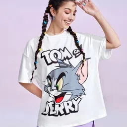 tom and jerry by dreambe Women Printed Round Neck Pure Cotton White T-Shirt-picture-14