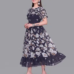 satvashiv Women Fit and Flare Dark Blue Midi/Calf Length Dress image 5