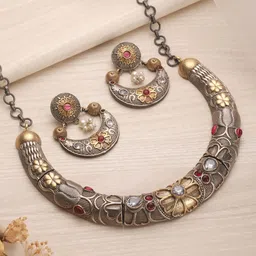 Saraf RS Jewellery Dual-Plated American Diamond Stone-Studded Oxidised Jewellery Set image 4