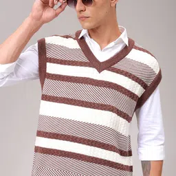 the indian garage co. Men Striped V Neck Brown Sweater image 1