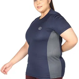chkokko Women Colorblock Round Neck Polyester Dark Blue T-Shirt image 4