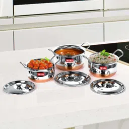 nirvika Stainless Steel Serving Bowl Stainless Steel Handi Set 3 PCS (3 Piece) Kitchen Serving, Cooking Bowl Kadha Copper Bottom Stainless Steel with Copper Bottom Cook and Serve Cookware Set Handi with Lid - Set of 3 Pcs Cookware Set (Copper) image 5