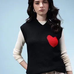 glitchez Women Self Design V Neck Black Sweater-picture-10