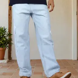 Shein Full Length Side Stripe Fray Mid Wash Baggy Fit Jeans-picture-40