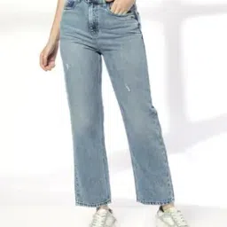 dnmx Women Lightly Washed Distressed Straight Jeans-picture-12