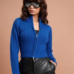 Tokyo Talkies Women Blue High Neck Crop Acrylic Front Open Sweaters-picture-37
