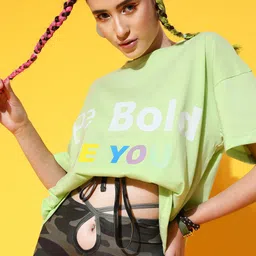 STREET 9 Women Green Printed Cotton Drop-Shoulder Sleeves Bio Finish T-shirt-image-7