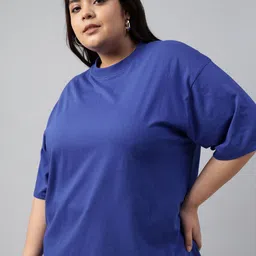 juneberry Plus Size Women Solid Round Neck Pure Cotton Blue T-Shirt image 5