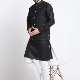 KRAFT INDIA Mandarin Collar Long Sleeves Straight Kurta With Pyjamas & Jacket image 1