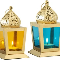 gold square lantern gold Lantern Lamp Tea Light Holder for Home Decoration lantern gold with yellow,blue glass Blue, Yellow, Gold Iron Hanging Lantern-image-1