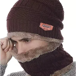 youth robe Wool Unisex Beanie Cap with Neck Warmer Set Knit Hat Inside FurThick Fleece Lined Winter Cap for Men & Women image 1