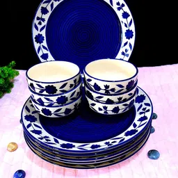 volcraft Pack of 12 Ceramic Hand Painted Blue Bell 6 Dinner Plate, 6 Katori Bowl Microwave & Dishwasher Safe Dinner Set-picture-10