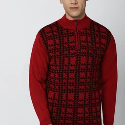 peter england Men Checkered High Neck Maroon Sweater-picture-22