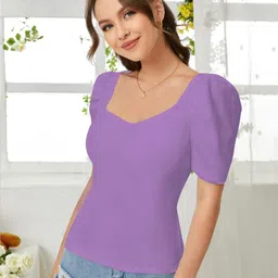 dream beauty fashion Casual Puff Sleeves Solid Women Purple Top image 4