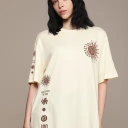 roadster Women Printed Round Neck Pure Cotton White T-Shirt-picture-41
