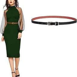 Women Casual, Evening, Formal, Party Black Genuine Leather Belt-image-0