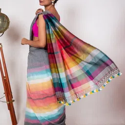 osario Striped, Color Block Handloom Cotton Blend Saree image 2
