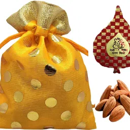 popfusion Bhai Dooj Gift Badam Almond Potli 100g with Silk Thread Roli Chawal Chandan Assorted Gift Box image 1