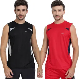 ftx Pack of 2 Men Solid Round Neck Polyester Red, Black T-Shirt image 1