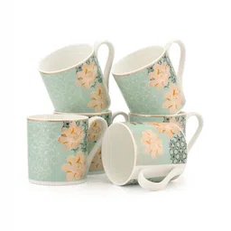 JCPL White & Green 6 Pieces Floral Printed Ceramic Glossy Mugs Set 200 ml Each image 1