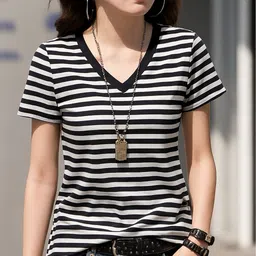 smart colors Women Striped V Neck Cotton Blend Black T-Shirt-picture-10