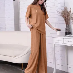 lugo Women Night Suit Set Brown Solid image 3