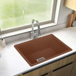 lipka Choco Brown Quartz Single Bowl 24x18x9 Inches Kitchen Sink | Choco Brown Kitchen Sink With Sink Coupling, Waste Pipe, vegetable basket Vessel Sink-picture-18