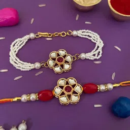 Bhaiya Bhabhi BRAS-GOL-WR Kundan, Pearl, Gold Finish, Mauli Thread Rakhi, Bracelet, Chawal Roli Pack Set-image-11