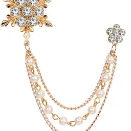 Om Jewells Rose Gold Platted Indo Western Crystal Snow Flakes Design Inspired Lapel Pin Brooch with 3 Hanging Chain for Boys and Men Brooch-image-3