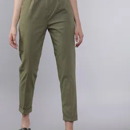 Women Regular Fit Green Cotton Blend Trousers-image-86