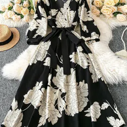 sheetal accociates Women Fit and Flare Black, White Midi/Calf Length Dress-picture-27