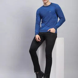 monte carlo Men Self Design Round Neck Blue Sweater image 5