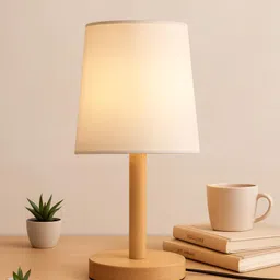 glowhere Modern Pinewood Table Lamp, White Fabric Shade for Bedroom & Living Room Table Lamp image 1