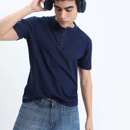 showoffff Men Solid Henley Neck Cotton Blend Navy Blue T-Shirt-picture-18