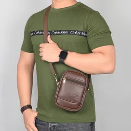 Brown Men Sling Bag Leather Sling Bag For Men Women Travel Side Crossbody Chest Mobile Pouch Bag-image-65