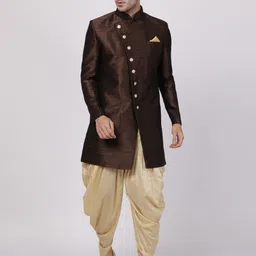 VM VM Men's Navy Blue And Rose Gold Silk Blend Sherwani Set Solid Sherwani image 2