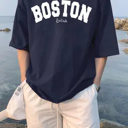 leotude Men Printed Round Neck Cotton Blend Navy Blue T-Shirt-picture-14