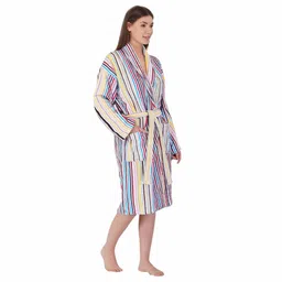 Multicolor Striped 100% Cotton Women Bathrobe With Slippers (S) By Rangoli image 3